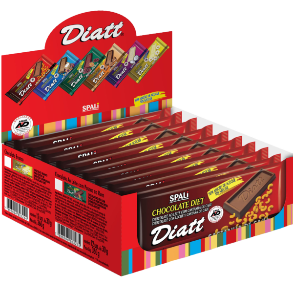 Chocolate ao Leite com Castanha de Caju Zero Açúcar - Display com 12 unidades de 30g - Diatt -0